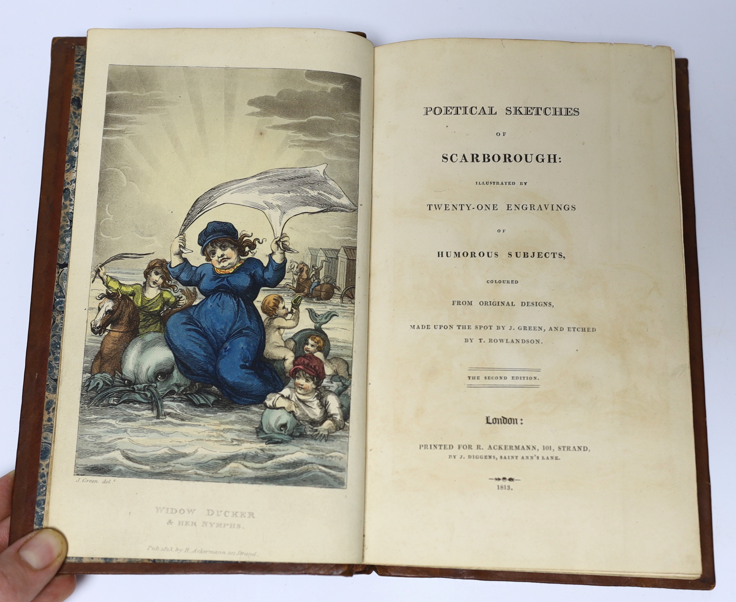 Ackermann (Rudolph, Publisher) - Poetical Sketches of Scarborough, 2nd edition, 8vo, calf framed marble boards rebacked, with 21 hand-coloured plates, including frontispiece, by Thomas Rowlandson